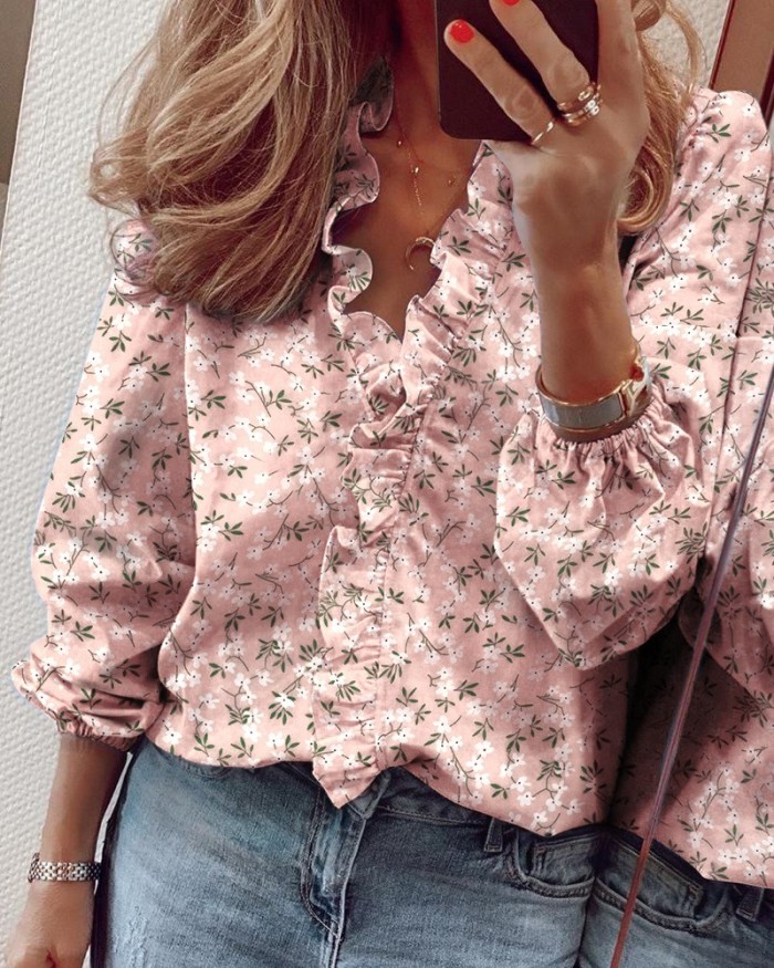 Women's Ruffle Stitching Fashion Printed Casual Loose  Blouses