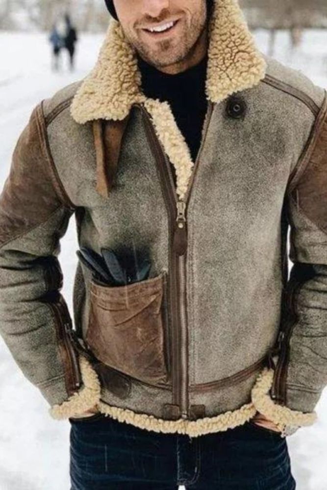 Men's Winter Vintage Warm Pocket Fleece Fur All-in-One Jacket