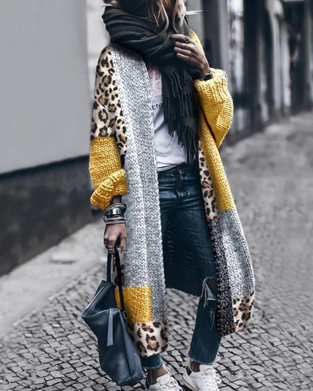 Cheetah Print Colorblock Longline Loose Stylish Cardigan Sweater