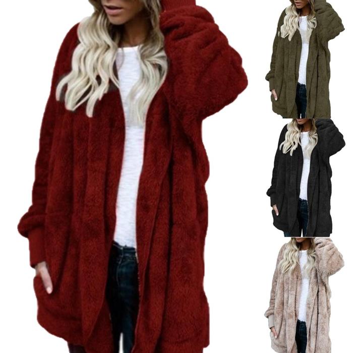 Women Fashion Faux Fur Hooded Hairry Cardigan Furry Coat