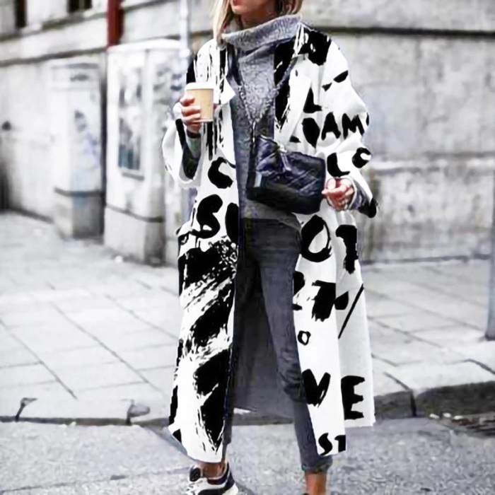 Fashion Loose Lapel Printed Long-sleeved Jacket Long Wool Coat