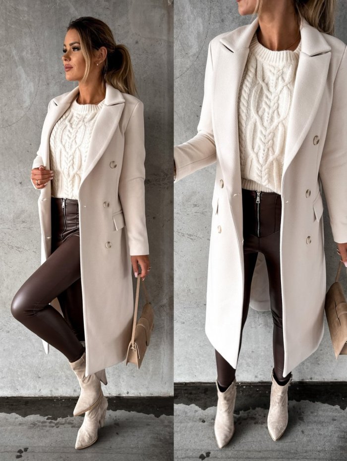 Fashion Simple Solid Color Long Sleeve Double Breasted Loose Wool Coat