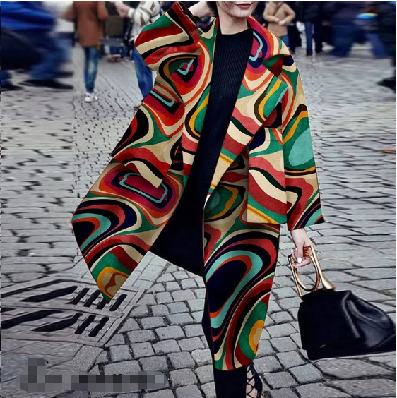 Colorful Print Fashion Loose Design Oversized Elegant Coat