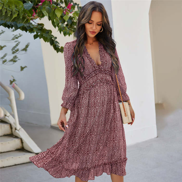 Sexy V-neck Floral Butterfly Sleeves High Waist Casual Print  Midi Dress