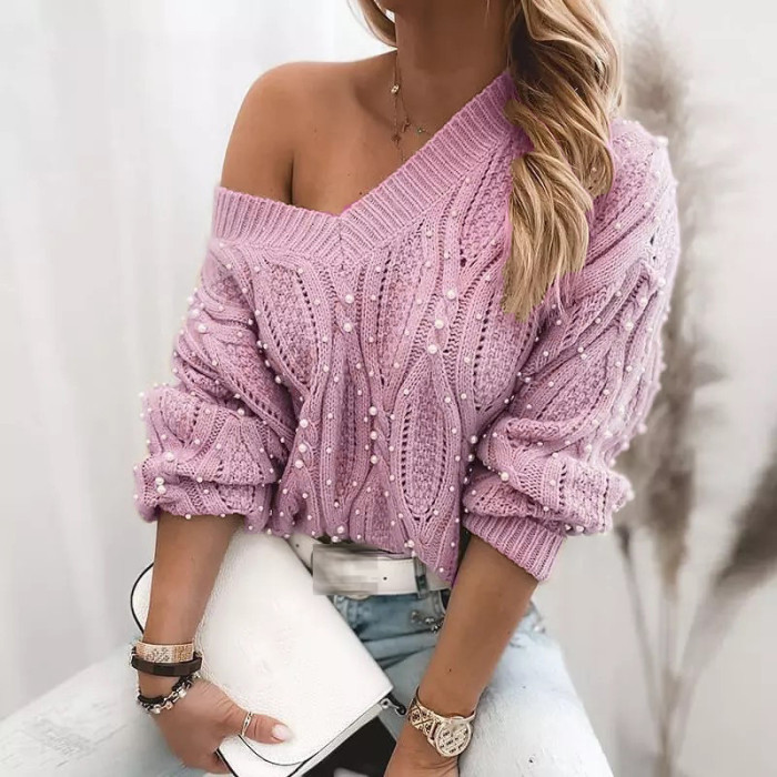 Women Casual Knitted Elegant Beaded  Loose Knitted Sexy V-Neck Long Sleeve Solid Pullover Sweater