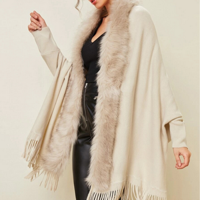 Fur Collar Casual Fashion Shawl Knitted Tassels Elegant Dolman Sleeve Cardigan