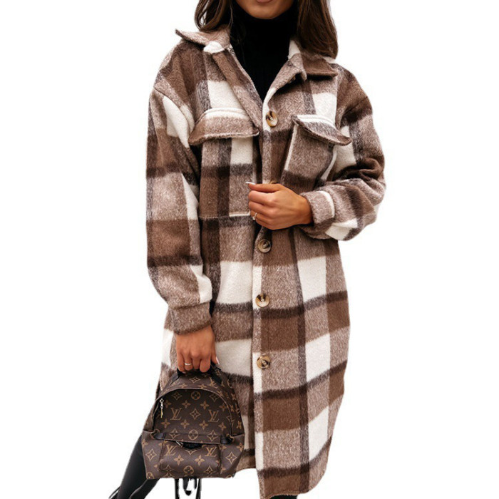 Women's Long Sleeve Single Breasted Fashion Long Wool Plaid Coat Jacket