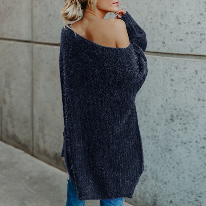 Sexy Off-Shoulder Knit Solid Color Loose Bell Sleeve Sweater