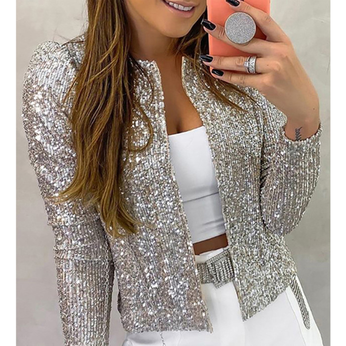 Fashion Sequin Long Sleeve Elegant Office Solid Color  Jackets