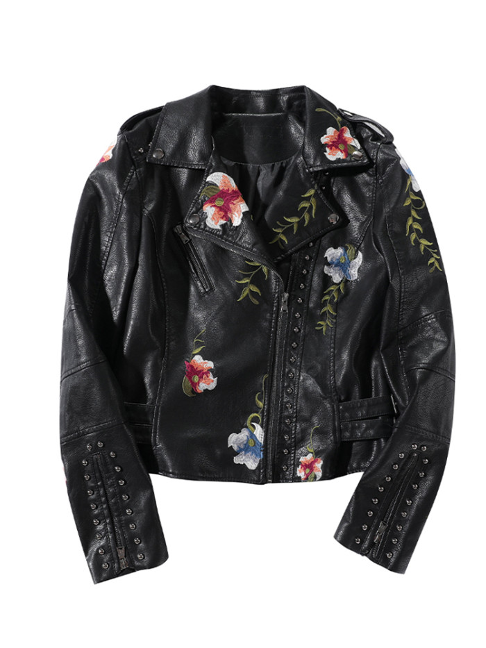 New Women Biker Leather Floral Print Embroidery Pu Leather Turn-down Collar Zipper Jacket