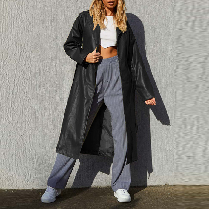 Women PU Leather Long Long Sleeve Fashion Ladies Outerwear Warm Belt Casual  Jackets