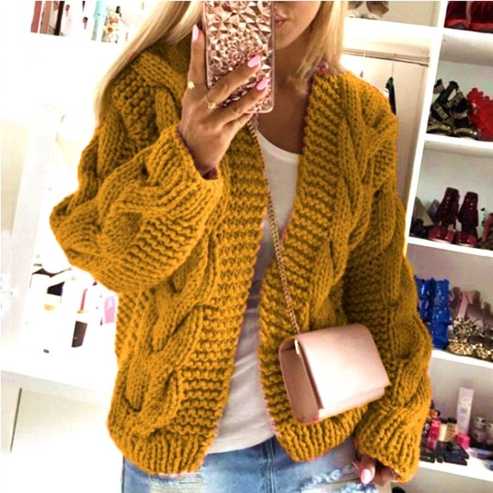 Fashion Retro Twist Sweater Knit Solid Color Slim Long Sleeve Cardigan