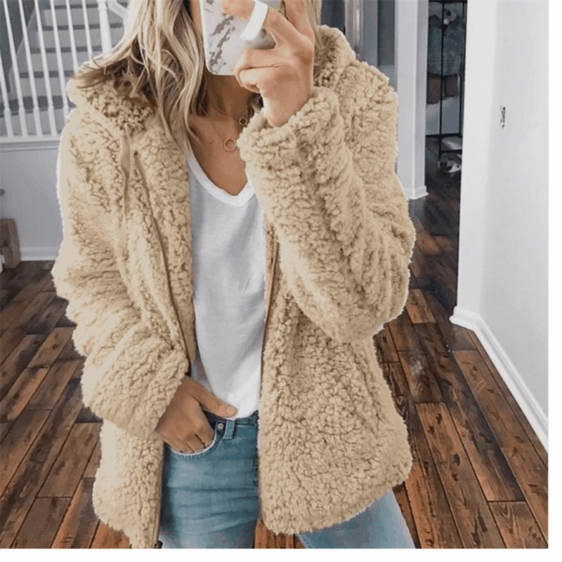 Women's Casual Soft Hooded Fleece Plush Warm Faux Plush Puffy Zip Jackets