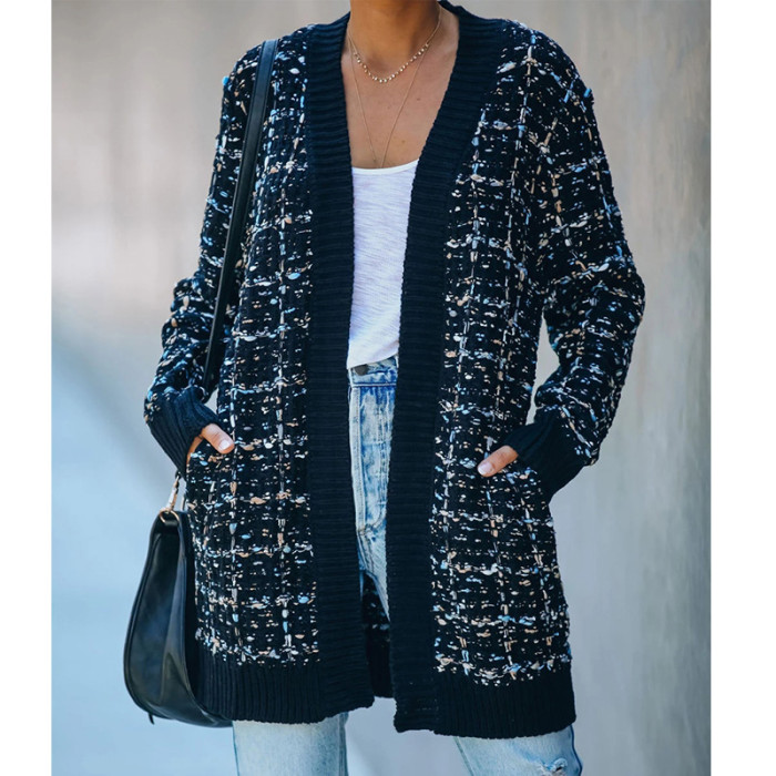 Fashion Bohemian Plaid Vintage Coat Knitted Slim Sweater Cardigan