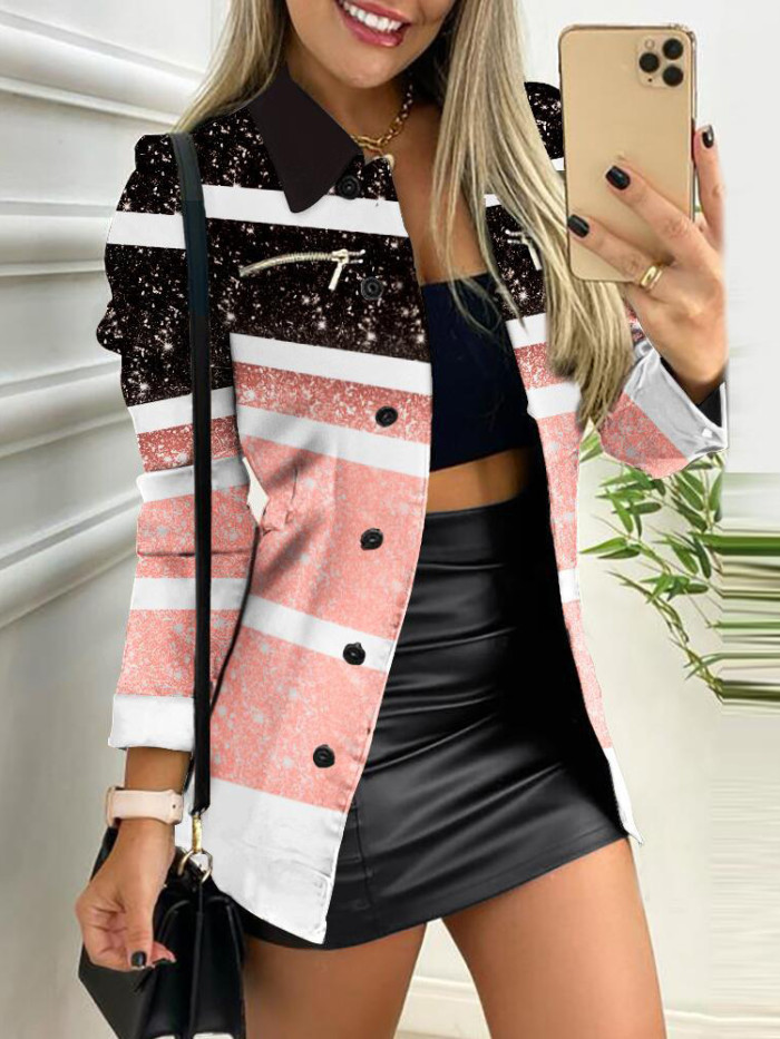 Turn-Down Collar Printing Fashion Single Breasted Cardigan Button Casual Long Sleeve Jackets