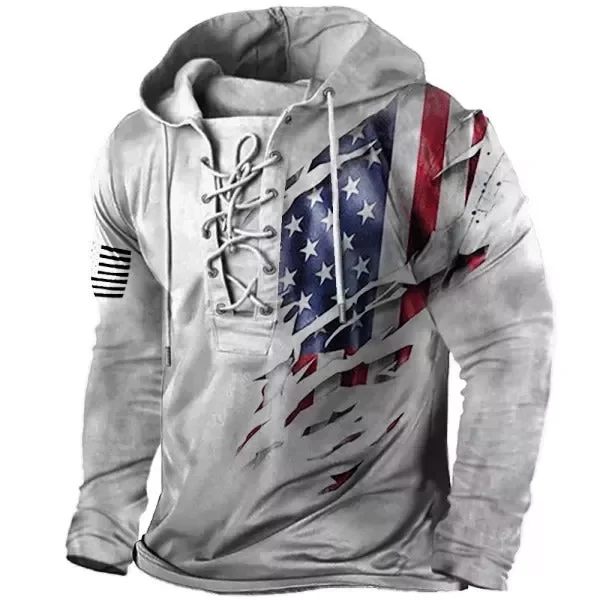 Mens Vintage American Flag Print Lace-Up Hooded Sweatshirt