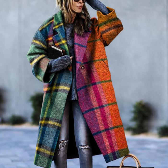 Matching Plaid Lapel Fashion Loose Coat Printed Wool Coat