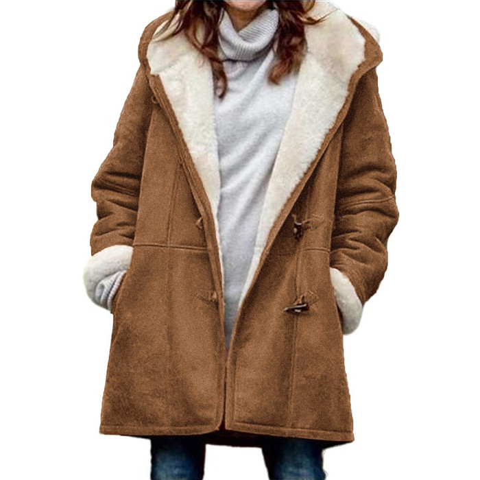 Fashion Parker Hooded Solid Color Flare Button Fashion Casual  Coats Outerwear