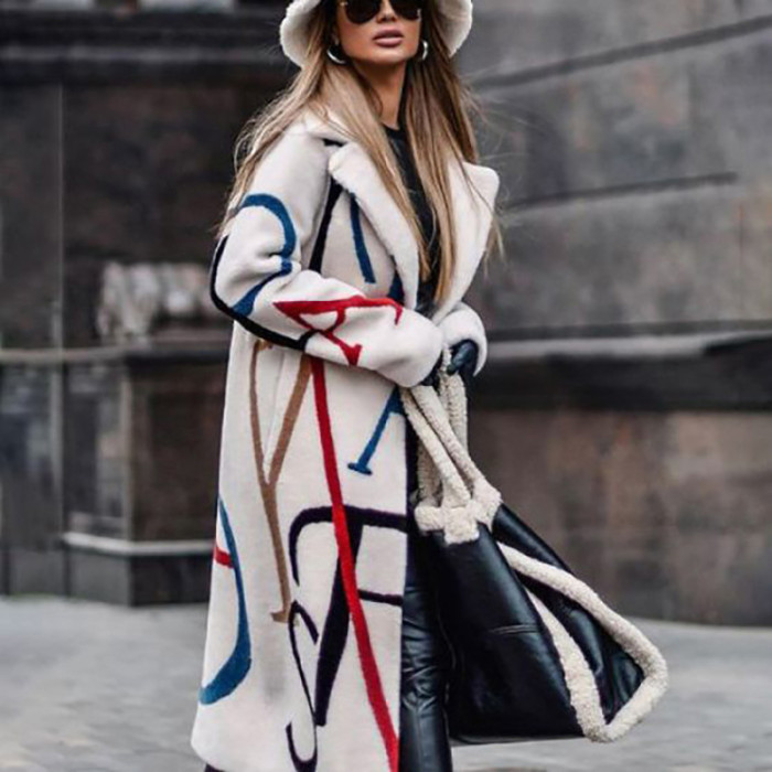 Fashion Print Reversed Top Casual Long Sheepskin Loose Coat