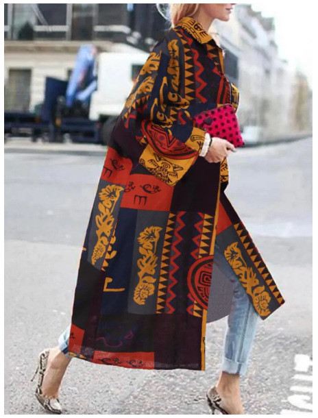 Fashion Loose Lapel Printed Long-sleeved Jacket Long Wool Coat