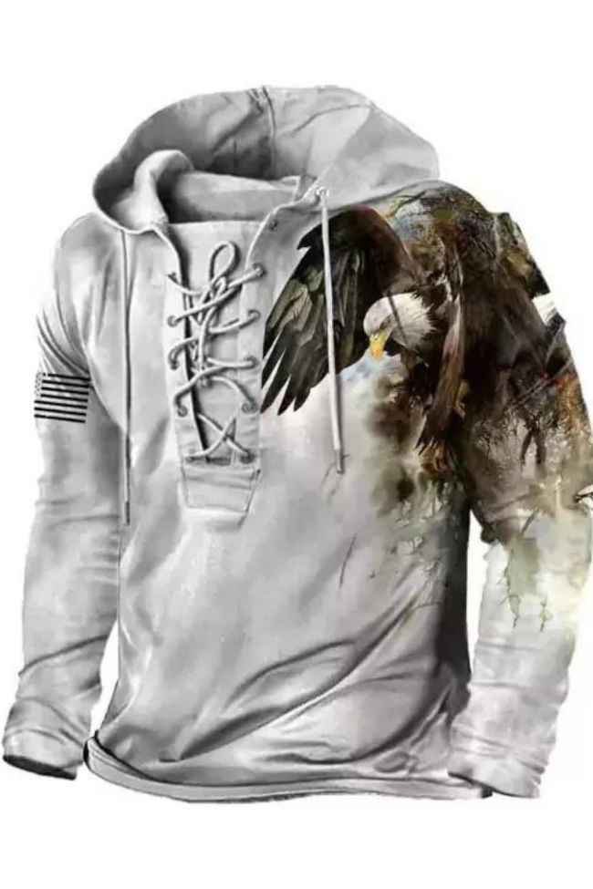Mens Eagle Print Lace-Up Hooded