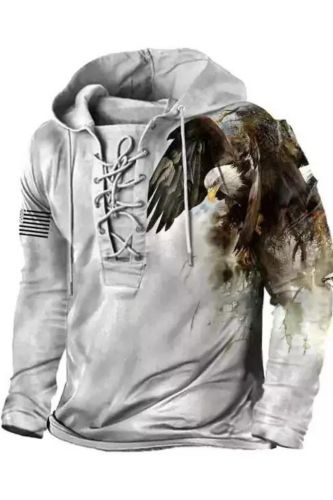 Mens Eagle Print Lace-Up Hooded