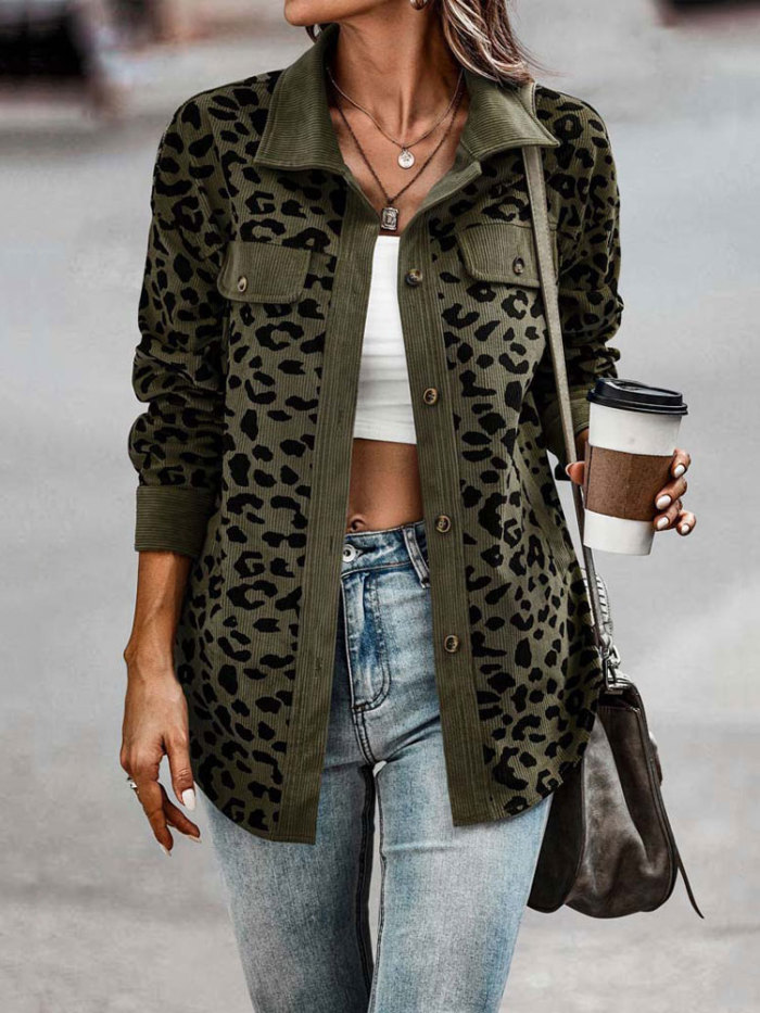 Trendy Leopard Jacket Corduroy Long Sleeve Loose Shirt  Coat