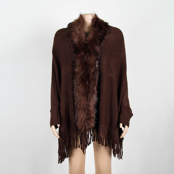 Fur Collar Winter Shawls And Wraps Bohemian Fringe Oversized Batwing Sleeve Cardigan