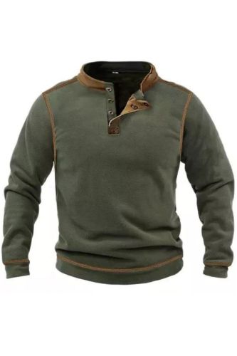 Men's Outdoor Warm Fleece Henley Collar Sweatshirt Washed Vintage Tie Tactical Classic Button-Down Pullover