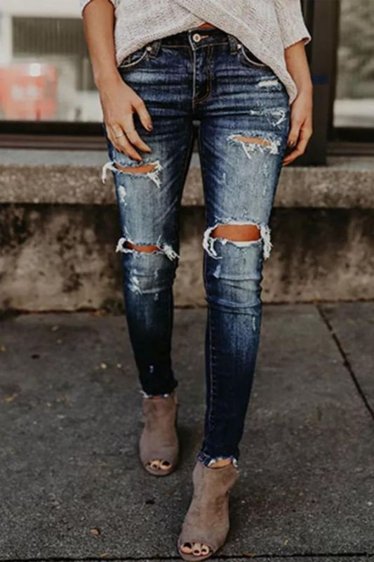 Fashion Stretch Ripped Mid Rise Frayed Pocket Distressed Jeans