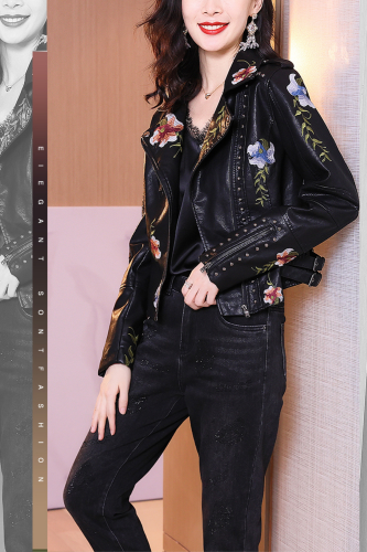 New Women Biker Leather Floral Print Embroidery Pu Leather Turn-down Collar Zipper Jacket