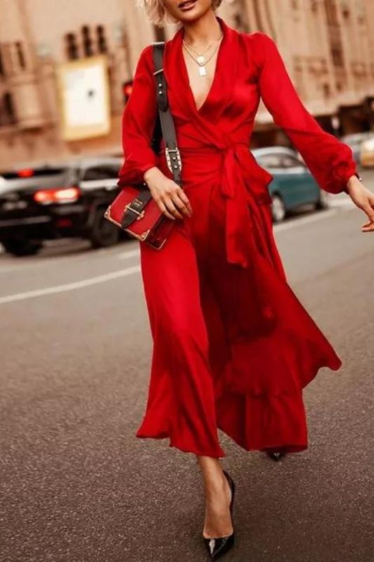 Elegant Fashion V Neck Lace Balloon Sleeves Solid Color Bohemian  Maxi Dress
