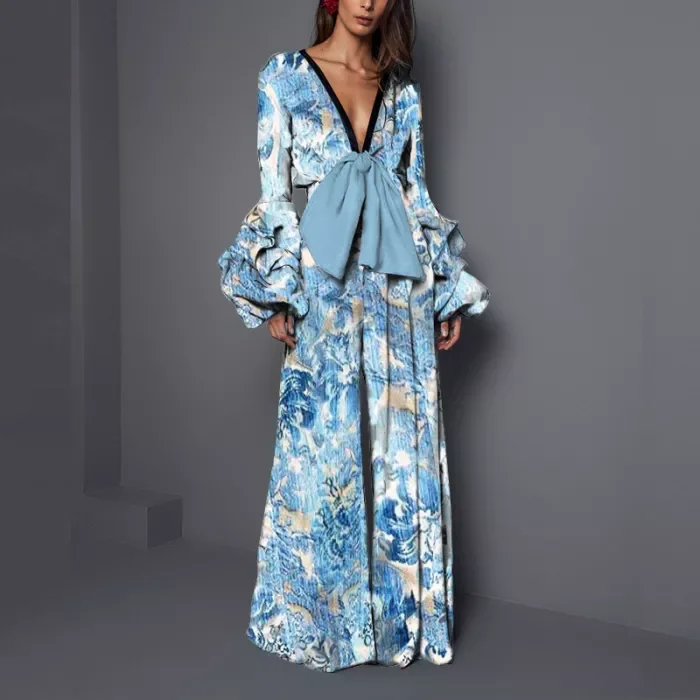 Fashion Long Sleeve Floral Print Loose Strap Casual V Neck Jumpsuits