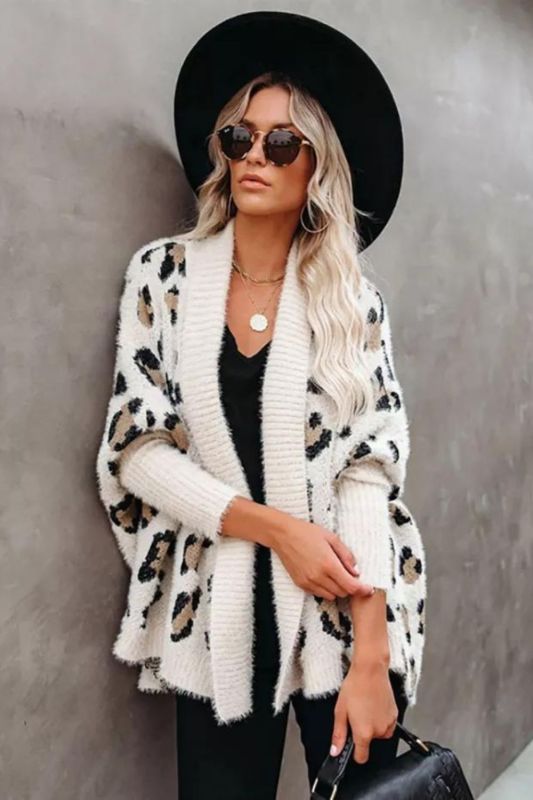 Trendy Leopard Print Bohemian Slim Dolman Sleeve Oversized Sweater Cardigan