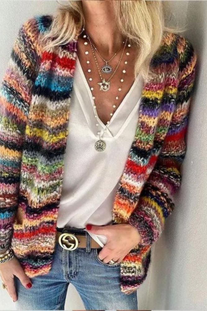 Elegant Multicolor Printed Long Sleeve Casual Pocket Knit Cardigan Sweater