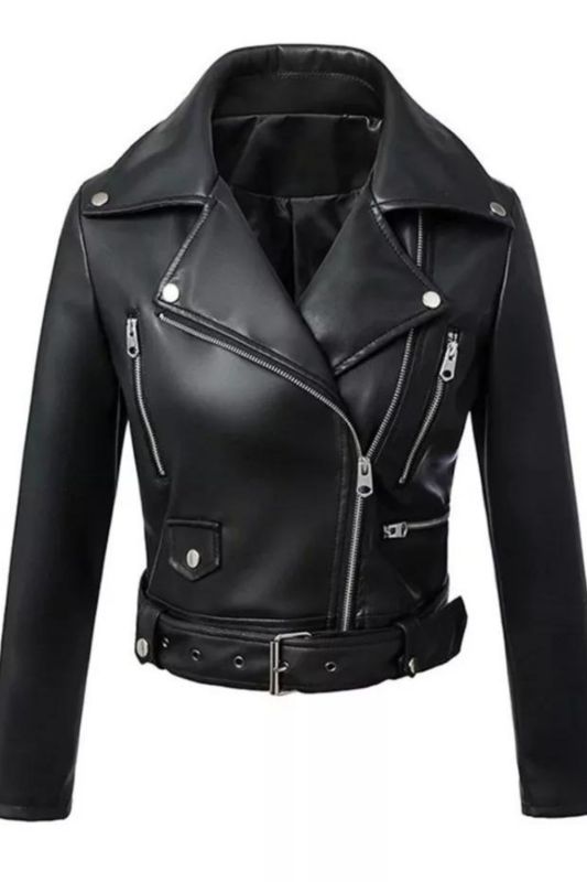 Women's Fashion Black Faux Leather Zipper Lapel Biker Jacket