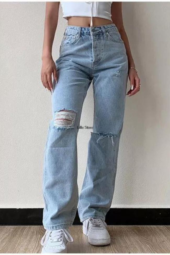 Women Female Ripped Hole Baggy High Waist Fashion Streetwear Vintage Straight Trousers Jeans