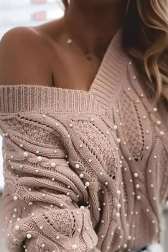 Women Casual Knitted Elegant Beaded  Loose Knitted Sexy V-Neck Long Sleeve Solid Pullover Sweater