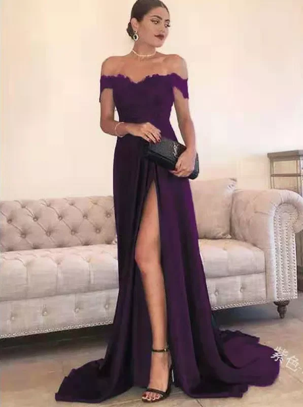 Fashion Solid A-Line Elastic Lace Applique Off Shoulder Sexy Slit Party Prom Dress