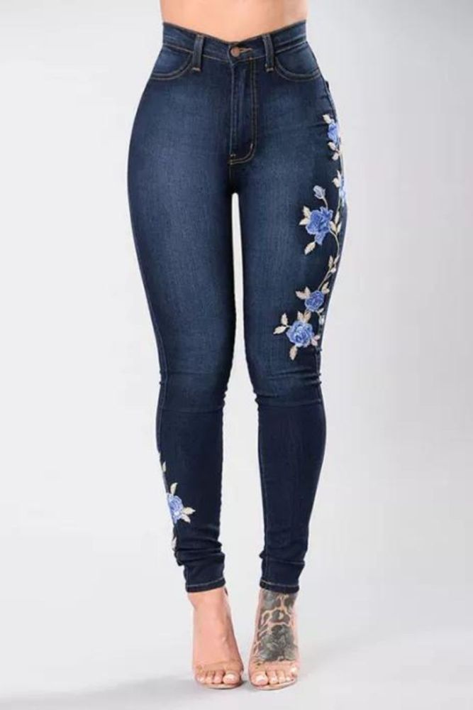 Stretch Embroidered Stretch Rose Jeans