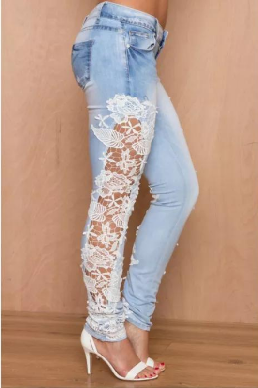 Women Stretch Lace Floral Side Spliced Denim Hollow Out Slim Pencil  Jeans