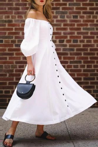 Sexy Puff Sleeve Solid Color Party Casual Loose  Elegant Off Shoulder  Maxi Dress