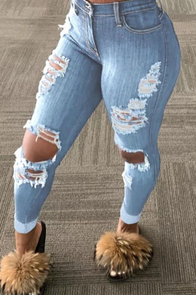 Women's Fashion Slim Color Ripped Tassel Stretch Mid Rise Jeans