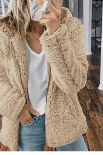 Women's Casual Soft Hooded Fleece Plush Warm Faux Plush Puffy Zip Jackets