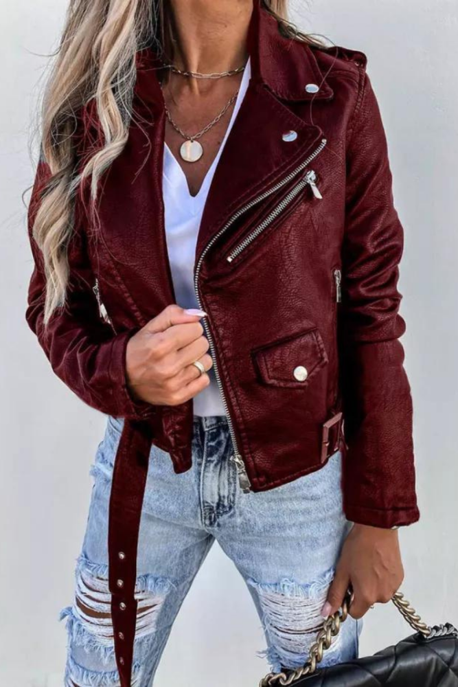 Fashion Slim Fit Women Collar PU Leather Long Sleeve Streetwear Jackets