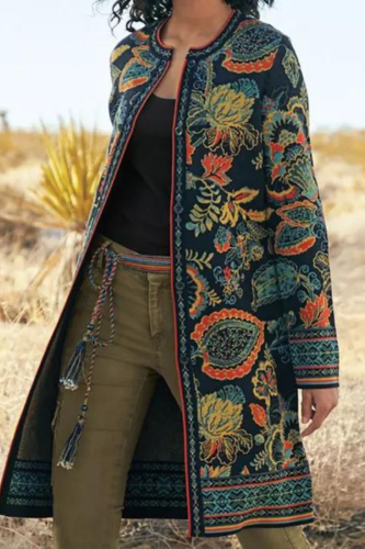 Women Wool Vintage Printed Fashion Long Coat