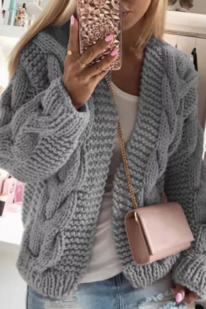Fashion Retro Twist Sweater Knit Solid Color Slim Long Sleeve Cardigan