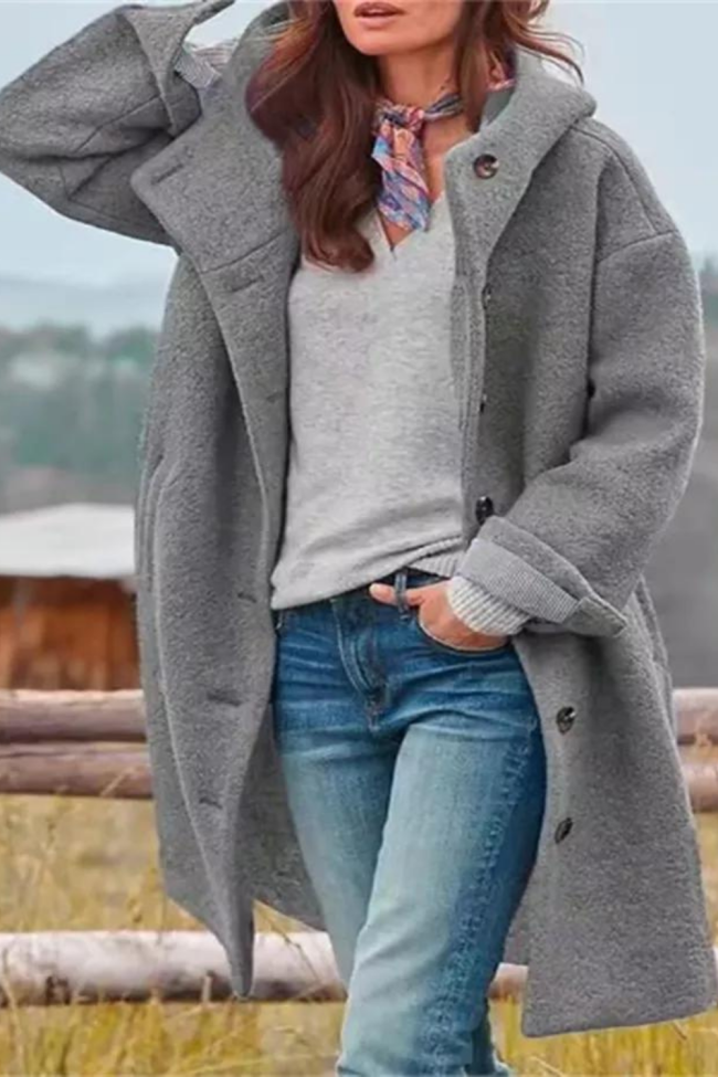 Women Wool Blends Fashion Long Sleeve Hooded Pocket Ladies Coats