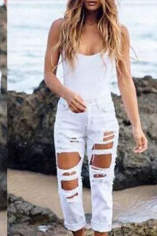 Women's White Hole Hollow Slim Solid Color Casual Fashion  Jeans