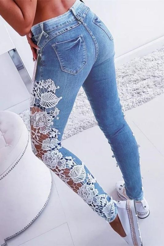 Lace Floral Crochet Cutout Elegant Sexy Denim Pencil Skinny Jeans
